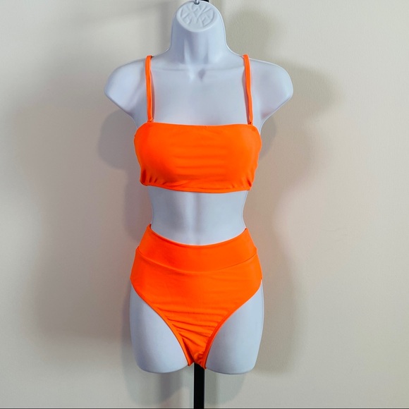 Neon Orange 2 Pc Bathing Suit Bikini High Waisted Padded  Size S   NWOT - Picture 4 of 12
